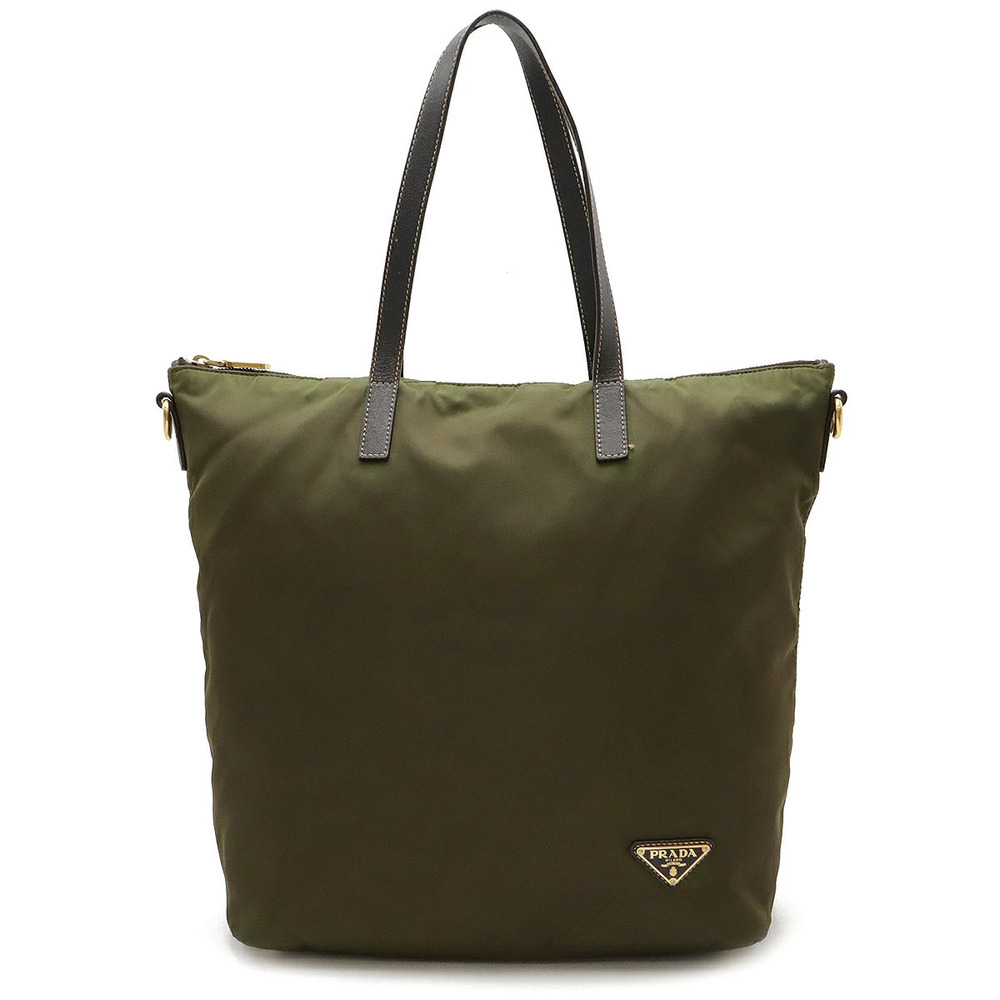 Prada Triangle Tote Tessuto Saffiano Bag Shoulder Hobo Strap Leather Khaki Green
